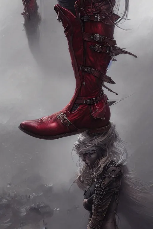 Image similar to « short red women's boots, shoes only, by wlop, by luis royo, by peter mohrbacher, concept art, digital illustration, intricate, masterpiece, elegant, super detailed, unreal engine rendering, smooth, sharp focus, artstation hq »