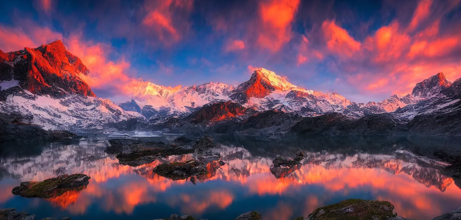 Image similar to amazing landscape photo of mountains with lake in sunset by marc adamus, beautiful dramatic lighting