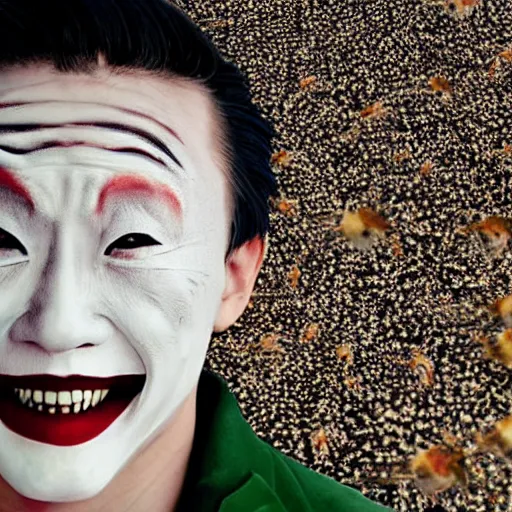 Prompt: Justin Sun as the Joker being attacked by bees