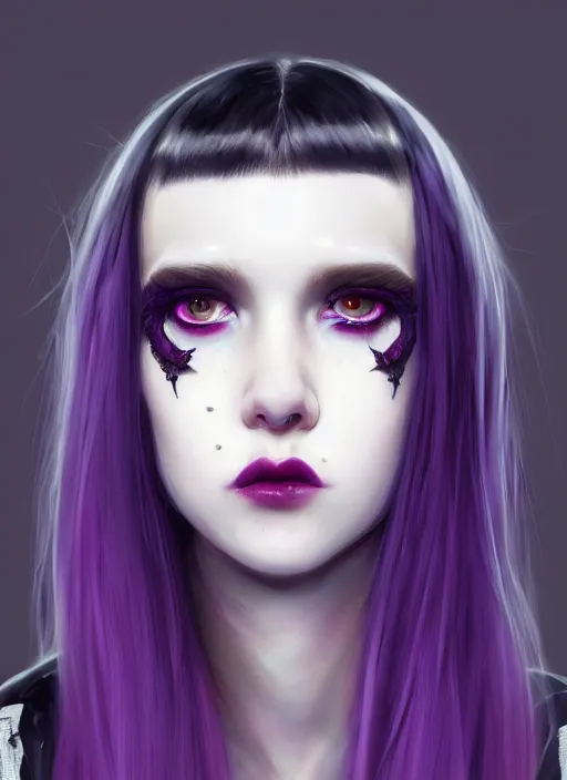 Image similar to portrait of white teenage girl, normal face, white bangs, mall goth, cyberlox, black and white hair, bangs, fluffy bangs, red contact lenses, purple lipstick, intricate, elegant, highly detailed, digital painting, artstation, concept art, sharp focus, smooth, illustration, art by wlop, mars ravelo and greg rutkowski