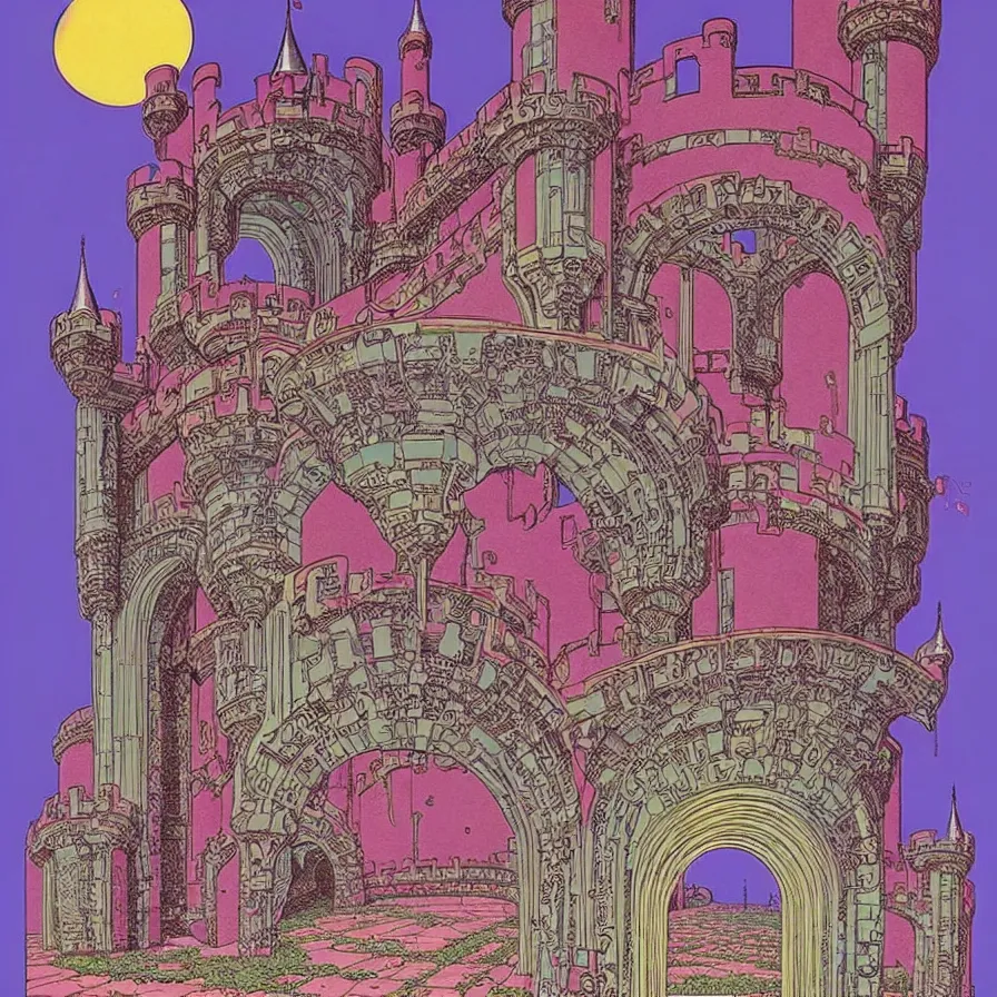 Prompt: ( ( ( ( entrance of the huge castle, with decorative frame design ) ) ) ) by mœbius!!!!!!!!!!!!!!!!!!!!!!!!!!!, overdetailed art, colorful, artistic record jacket design