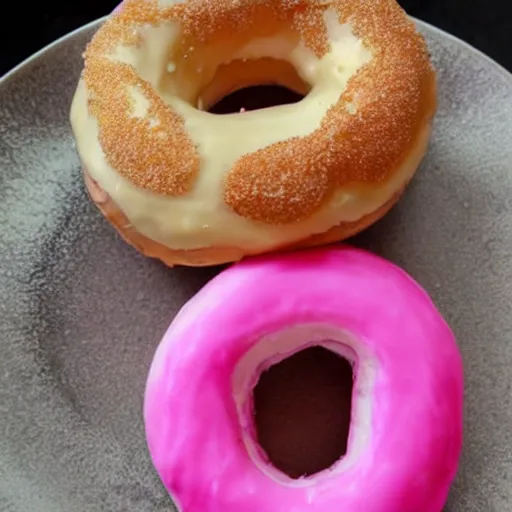 Image similar to A delicious pink donut on a plate in a log cabin