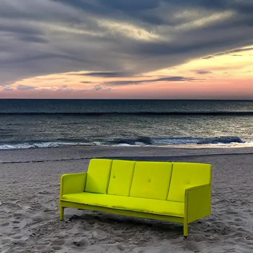 Prompt: photo of a chartreuse sofa on the beach