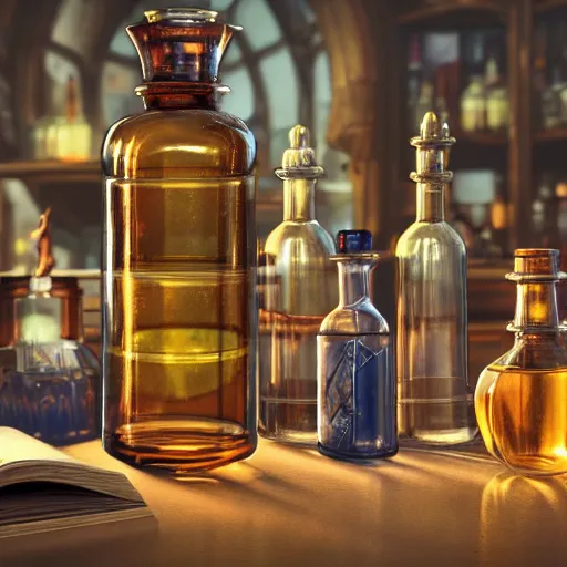 Prompt: A collection of magic bottles on a table of alchemist, a lot of high details, other bookshelves with bottles and alchemy stuff in the background::fantasy, detailed concept art, artstation::8K, 4K, sharp focus, octane render