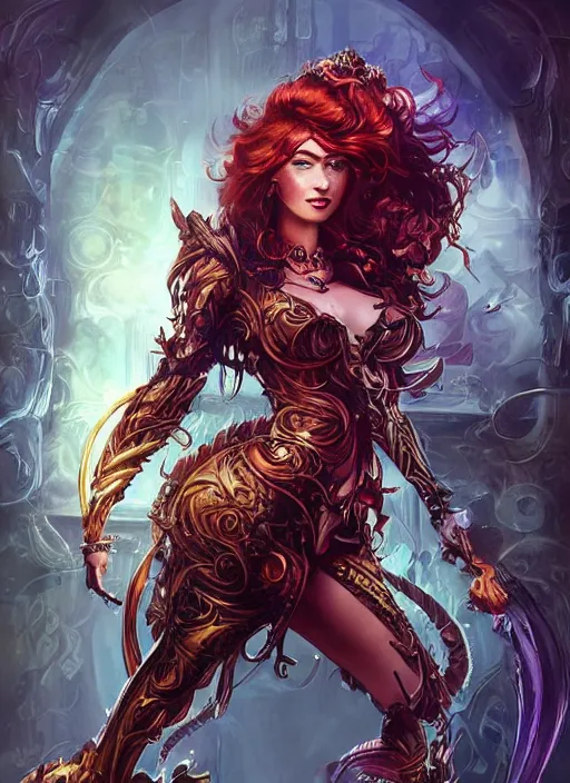 Image similar to front portrait hands behind body pose of sensual Lady Mechanik with ginger wavy hair, hands behind her body pose!, Intricate overlay magic lightings imagery , D&D!, fantasy style, sharp focus!, ultra detailed, art by Artgerm and Peter Andrew Jones, WLUP