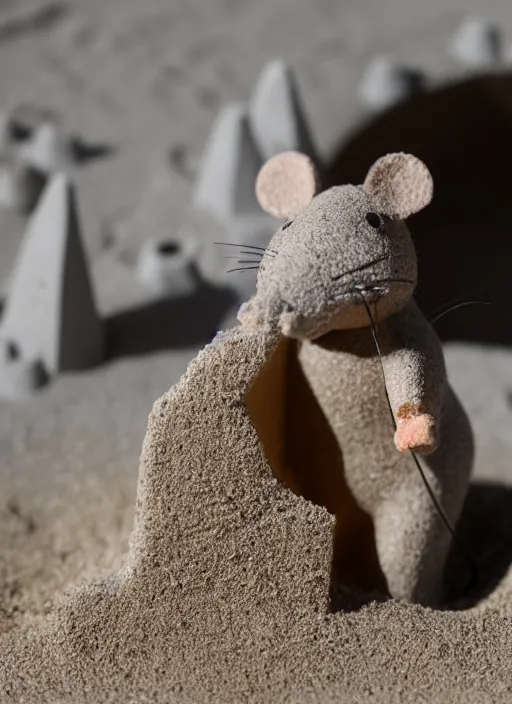 Image similar to dslr photo still of a mouse inside a sand castle, 8 k, 8 5 mm f 1. 4