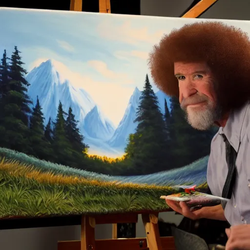 Image similar to a closeup photorealistic photograph of bob ross working on a canvas painting of marilyn manson. happy trees, mountain scape. film still. brightly lit scene. this 4 k hd image is trending on artstation, featured on behance, well - rendered, extra crisp, features intricate detail, epic composition and the style of unreal engine.