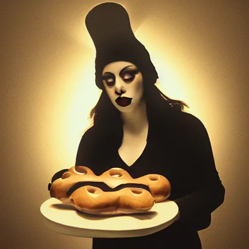 Image similar to a pretty mime girl eating a huge donut, dramatic lighting, chiaroscuro