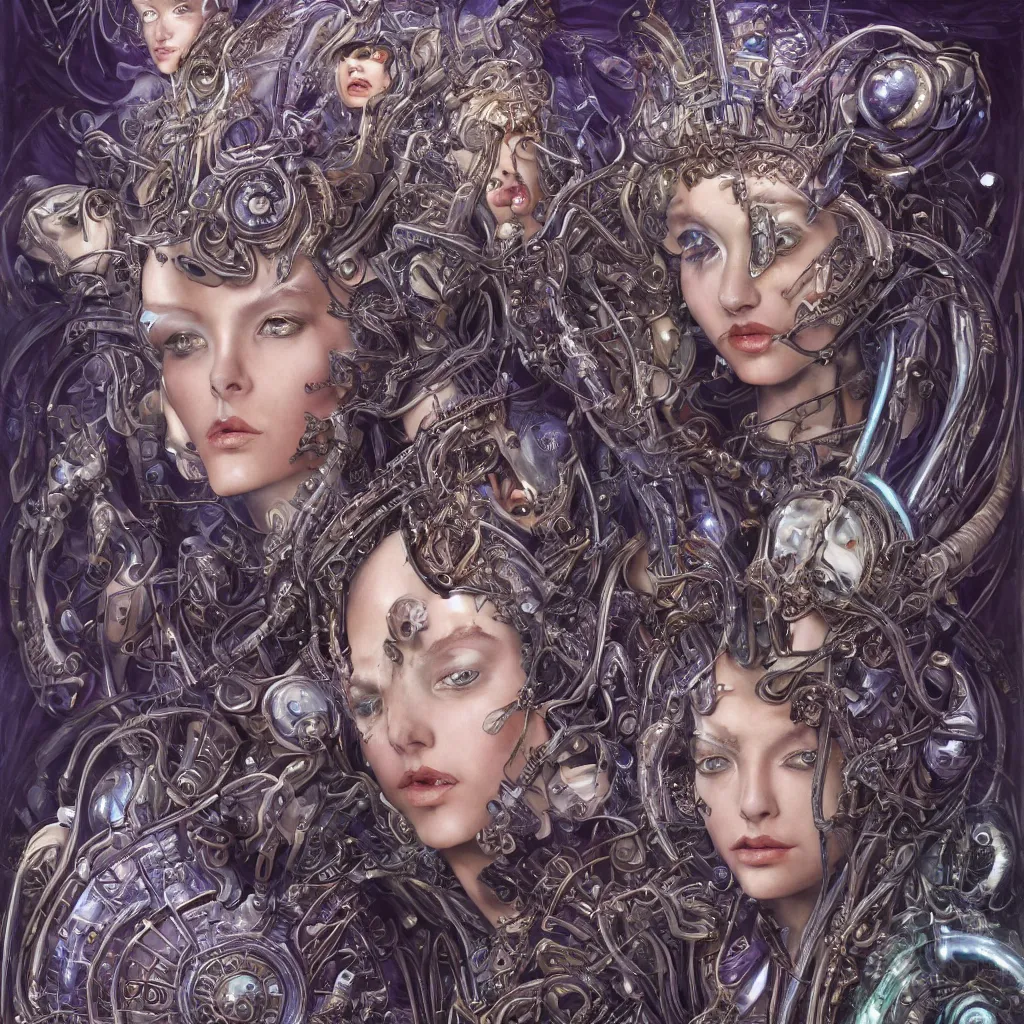 Image similar to alluring beautiful alien queen with sparkling eyes, art nouveau declotage, perfect symmetrical facial features, and hyperrrealistic anatomy by olivia de bernardinis, travis charest, chris achilleos and rodney matthews, extremely hyperdetailed, mixed media painting, unreal engine, 8 k, octane, 8 mm,