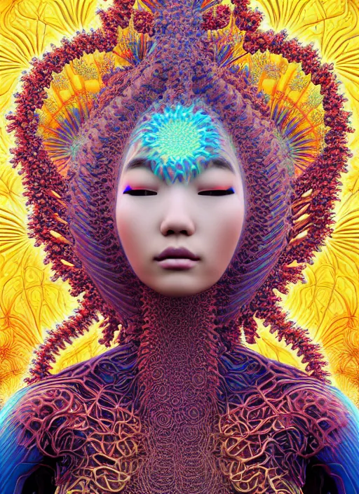 Prompt: ridiculously beautiful young asian woman tripping, coral fractals radiating from head with sacred geometry, cosmic, natural, awakening, symmetrical, in the style of ernst haeckel, effervescent, warm, photo realistic, epic and cinematic