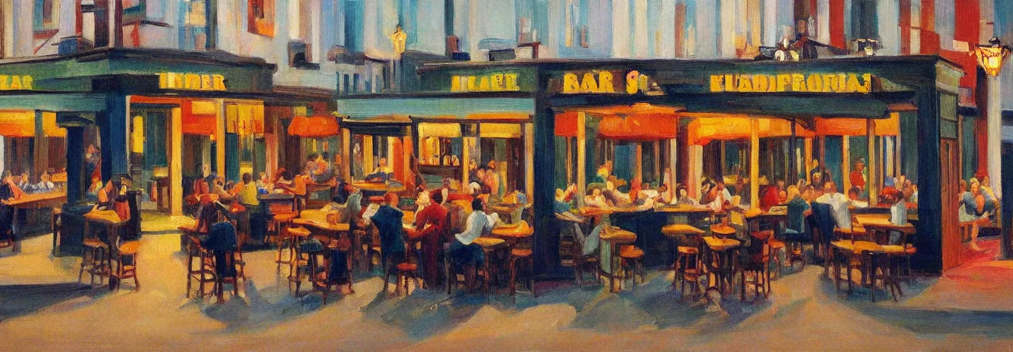 Prompt: a lively bar along the waterfront in the style of an edward hopper painting