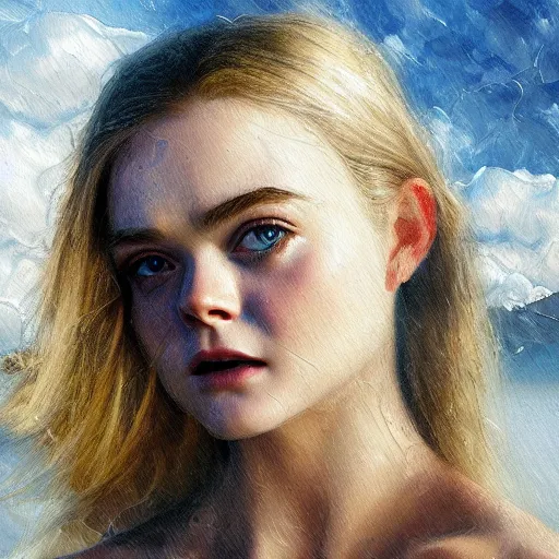 Prompt: professional painting of Elle Fanning in Santorini in the style of Craig Mullins, head and shoulders portrait, symmetrical facial features, smooth, sharp focus, illustration, intricate, stormy weather, extremely detailed masterpiece,