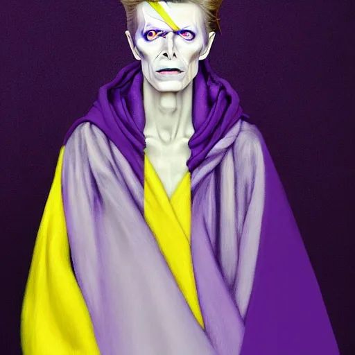 Image similar to david bowie in a hooded robe, soft hair. light color palate, purple, yellow and white. detailed soft painting, ayami kojima, made in abyss, anatomically correct, ilya kuvshinov, inspired in balthus, high detailed face anime, vogue magazine, glorious composition, mobile wallpaper