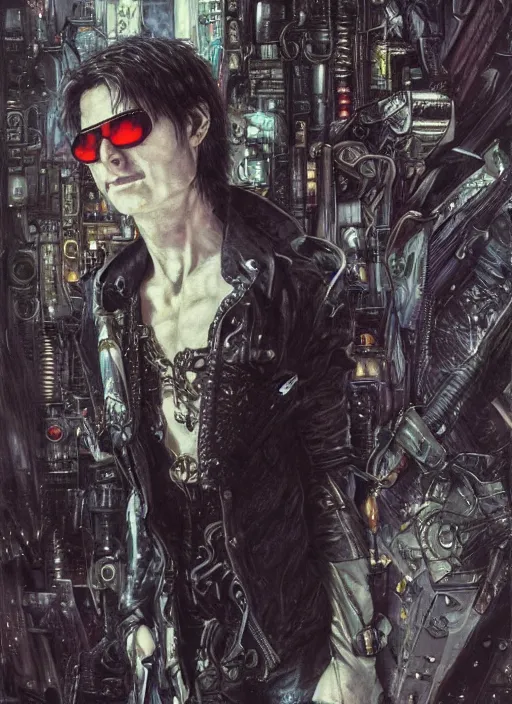 Image similar to portrait of gothic Tom Cruise, cyberpunk, Warhammer, highly detailed, artstation, illustration, art by Gustav Klimt and Range Murata and Katsuya Terada