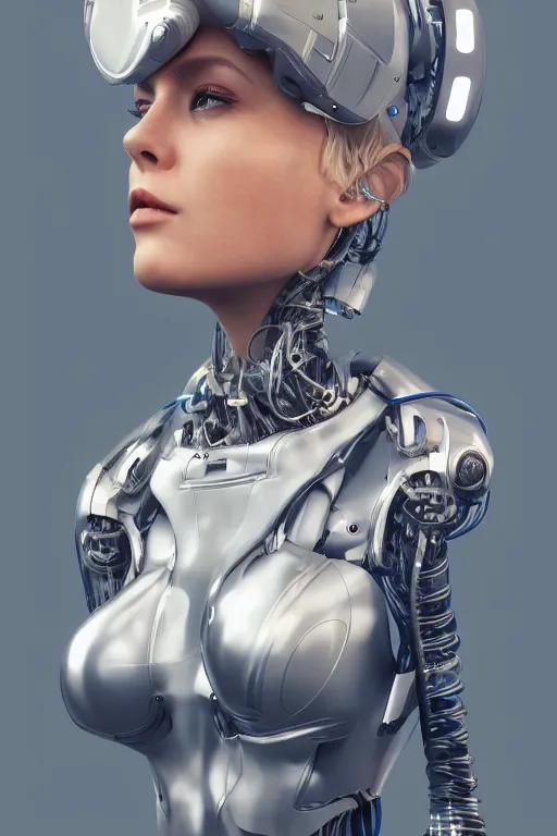 Image similar to a beautiful woman with blonde hair wearing robot suit with wires and light, highly detailed, photorealistic, artstation, smooth