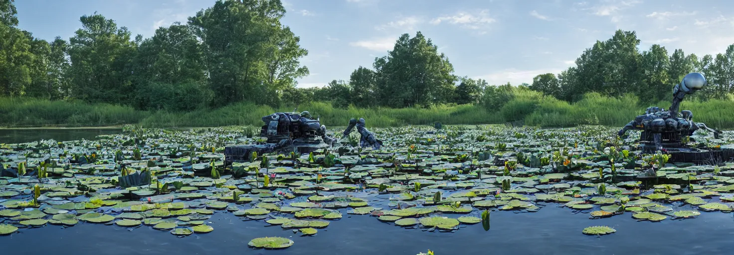 Image similar to A large combat robot lies in the shallow waters of a lake, water lilies float on the surface of the water, golden hour, futuristic