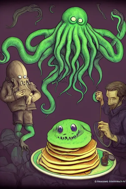 Prompt: cthulhu making pancakes, animation pixar style, by pendleton ward, magali villeneuve, artgerm, rob rey and kentaro miura style, golden ratio, trending on art station