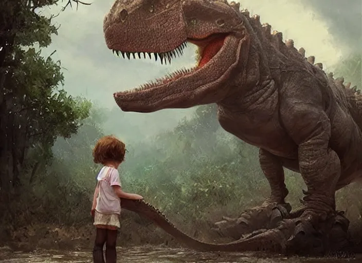 Image similar to a cute little girl with wavy curly brown hair meets a realistic accurate dinosaur. beautiful painting by greg rutkowski