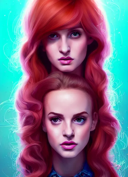 Image similar to full body portrait of teenage cheryl blossom, bangs, green eyes, sultry expression, red hair, sultry smirk, bangs and wavy hair, pink skirt, intricate, elegant, glowing lights, highly detailed, digital painting, artstation, concept art, smooth, sharp focus, illustration, art by wlop, mars ravelo and greg rutkowski