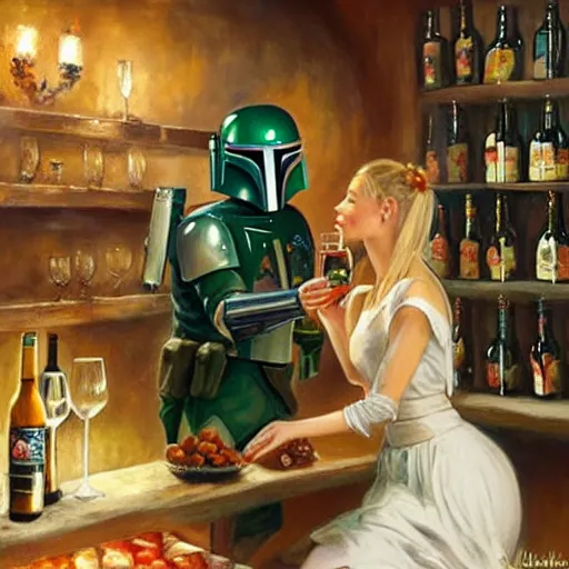 Prompt: (((Boba Fett))) and a beautiful young blonde drinking beer in a wine cellar, food, meat, schnapps, torches on the wall, romantic, inviting, cozy, painting by Vladimir Volegov