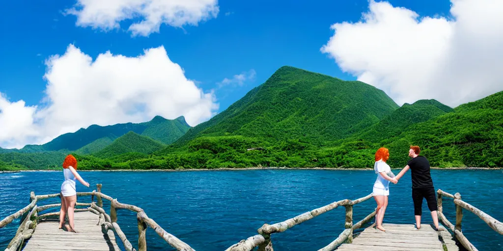 Image similar to photo realism, beautiful nature, sunny day, sunshine lighting high mountains, which are higher than white fluffy clouds with green trees on top, a small wooden bridge connecting two mountains, a loving couple a redhead girl in a blue dress and dark hair man in white t-shirt and black shorts holding hands and kissing, ocean beneath the mountains with clear blue water, whales showing from the waves, cinematic, 8k, highly detailed