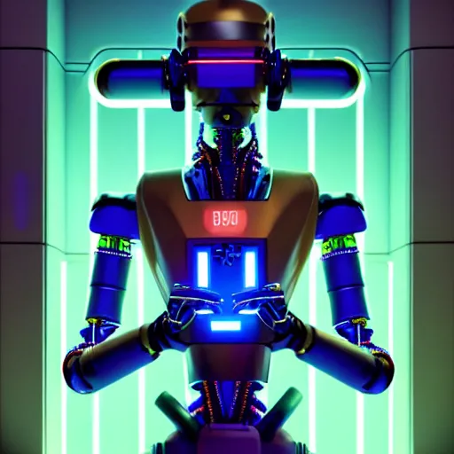 Image similar to highly detailed surreal neon robot android in the data center. robocop, scream, stephen bliss, unreal engine, greg rutkowski, loish, rhads, beeple, makoto shinkai and lois van baarle, ilya kuvshinov, rossdraws, tom bagshaw, global illumination, detailed and intricate environment