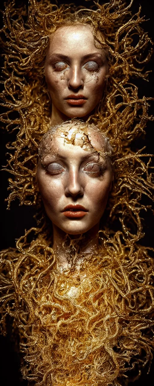 Prompt: ((((Hyper realistic portrait of a surreal goddess)))), ((gold fluid in the background)), Hyper realistic film photography by Emil Melmoth and Pete Morbacher , Zeiss 50mm f2.8, Hasselblad, insanely detailed, sharp focus