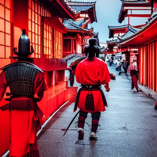 Prompt: a samurai is walking in a red flaming city