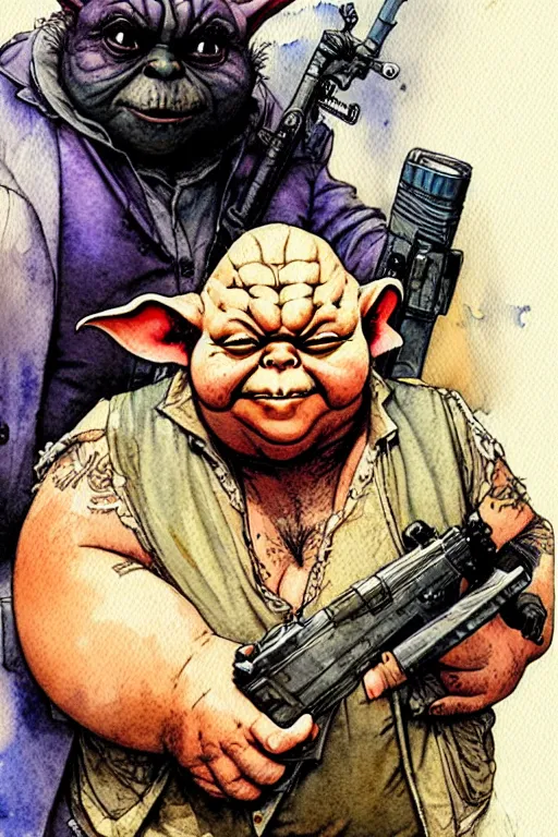 Image similar to a realistic and atmospheric watercolour fantasy character concept art portrait of a fat sleazy homeless chibi yoda wearing a wife beater and holding a handgun, by rebecca guay, michael kaluta, charles vess and jean moebius giraud