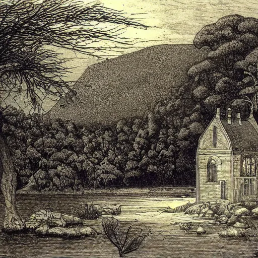 Prompt: the house by the lake, illustration by Gustav Doré