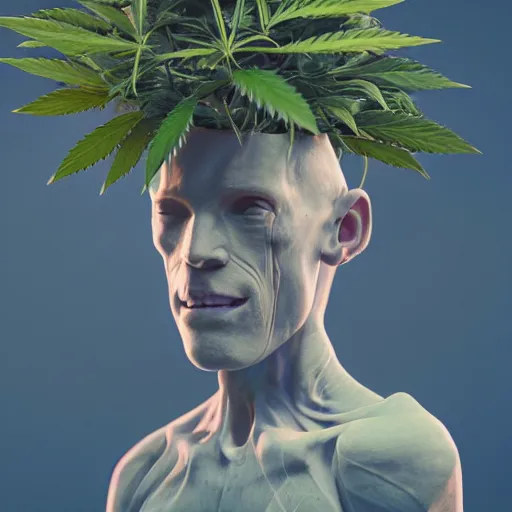 Prompt: cannabis plant as a humanoid, realistic artstyle, wide shot, dramatic lighting, octane render, hyperrealistic, high quality, highly detailed, HD, beautiful, cinematic, 8k, unreal engine, facial accuracy, symmetrical