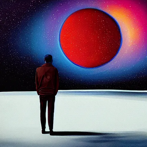 Image similar to a lonely man standing on a deserted planet, glow, acrylic art, painting, canvas, gloomy, digital art,