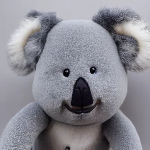 Prompt: a koala plush. beautifully made, detailed, cute, soft. high quality, studio lighting, product image