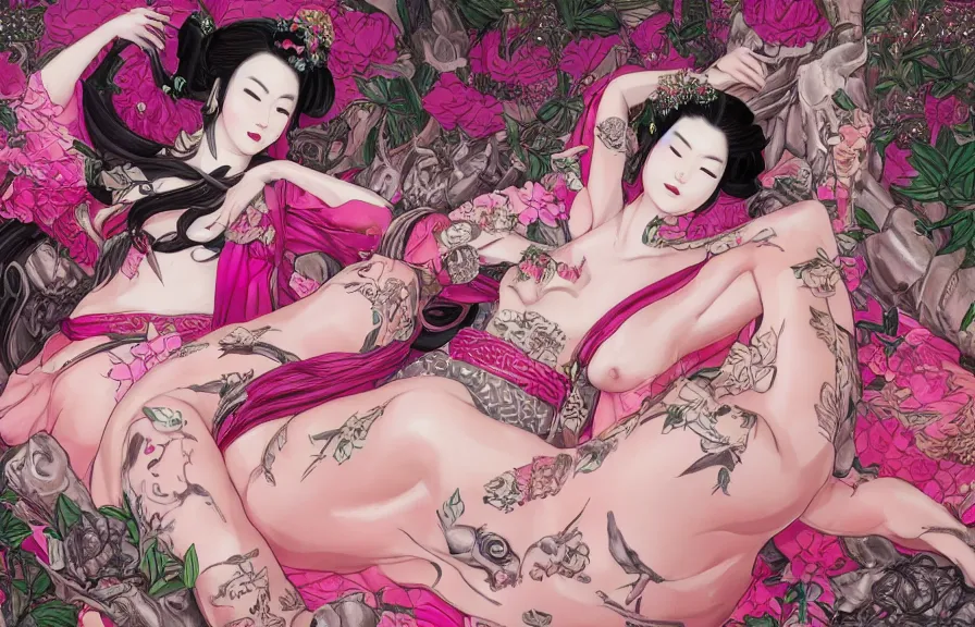 Image similar to full body portrait of Geishas lying in pink silk sheets, whole skin covered with dragon and flowers tattoos, D&D, fantasy, highly detailed, digital art, trending on artstation, smooth, sharp focus, illustration, art by artgem