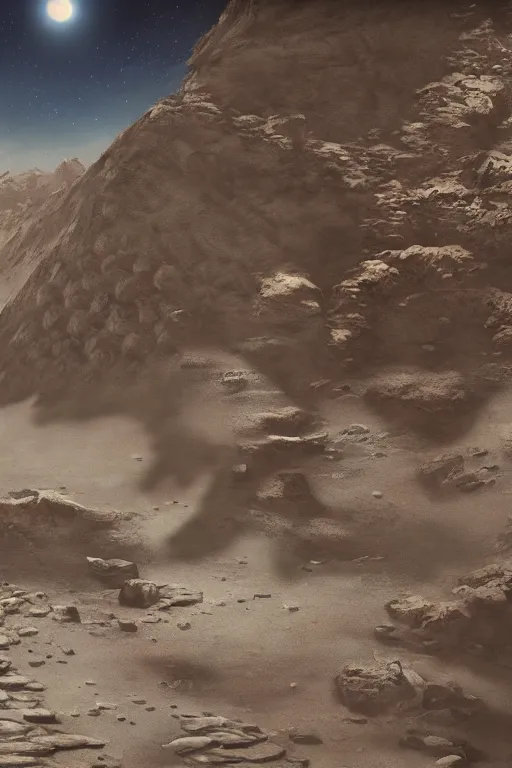 Prompt: beautiful cinematic scene of small research lab brutalist design in a crater in the middle of the desert of Mars planet, red ambient, concept art by yoshitaka amano and H.R. Giger, intricate detail, 8k, featured art