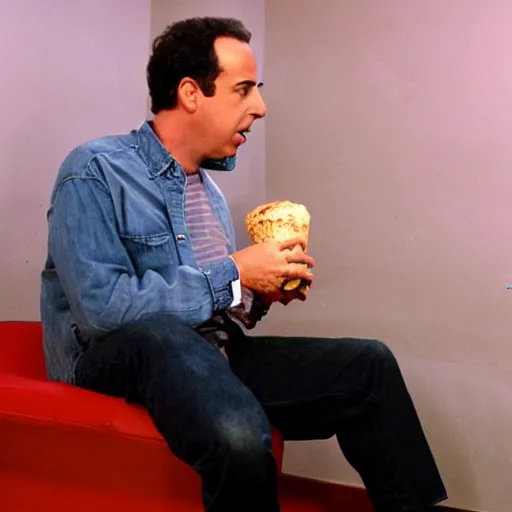 Prompt: Jerry Seinfeld eating a KFC Famous Bowl in a basement at 3AM while listening to Pink Floyd Great gig in the sky