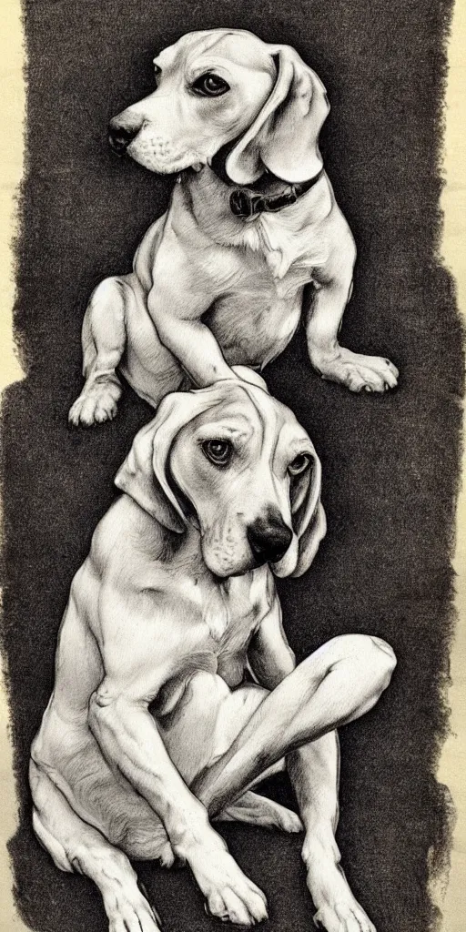 Image similar to sitting beagle, artist sketch, Michelangelo, beautiful composition, masterpiece