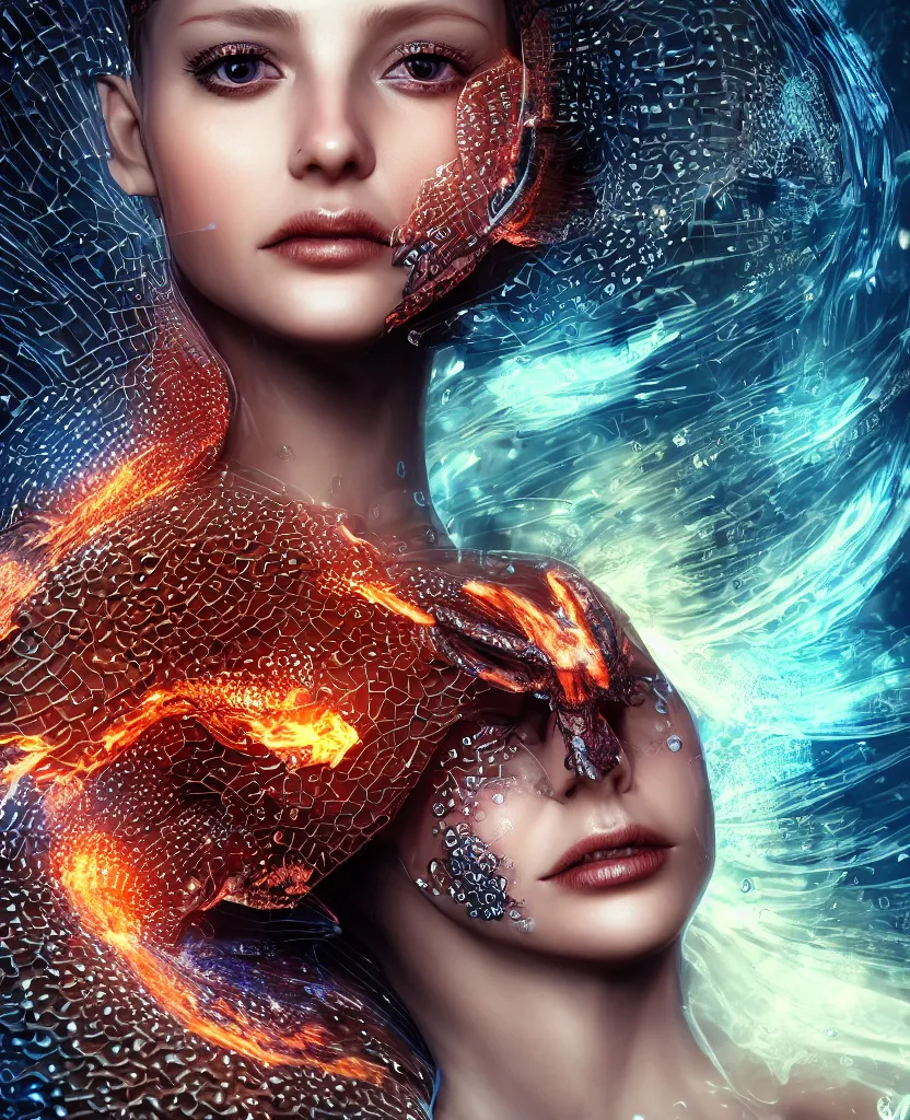 Prompt: close-up macro portrait of the face of a fashion girl, epic angle and pose, symmetrical artwork, 3d with depth of field, blurred background, cybernetic female face skull butterfly wings, translucent, nautilus, energy flows of water and fire. a highly detailed epic cinematic concept art CG render. made in Maya, Blender and Photoshop, octane render, excellent composition, cinematic dystopian brutalist atmosphere, dynamic dramatic cinematic lighting, aesthetic, very inspirational, arthouse, by Greg Rutkowski, Ilya Kuvshinov, WLOP, Stanley Artgerm Lau, Ruan Jia and Fenghua Zhong