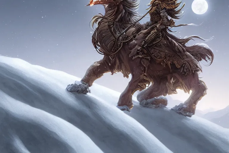 Image similar to Snow Griffin on a beautiful fantasy landscape, mountainside, winter, moonlit, HD, illustration, epic, D&D, fantasy, intricate, elegant, highly detailed, digital painting, artstation, concept art, smooth, sharp focus, illustration, wallpaper, art by artgerm and greg rutkowski and alphonse mucha and jin xiaodi