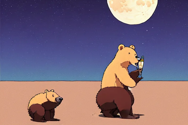 Prompt: a study of a cell shaded cartoon bear drinking a a beer on a desert road in front of a big moon, full body, wide shot, very muted colors, post grunge, studio ghibli, laurie greasley, highly detailed, deviantart, art by artgem