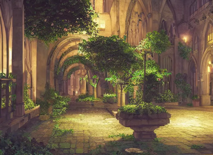 Prompt: environmental illustration of a cloister garden in a late renaissance city at night | | anime key visual, official media, illustrated by wlop, extremely detailed, 8 k, trending on pixiv, cinematic lighting, beautiful