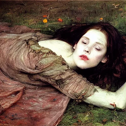 Prompt: “a girl Ophelia by Sir John Everett Millais laying on a dirty mattress covered in filth and garbage in an dark concrete basement room. 35mm film. Cursed image.”