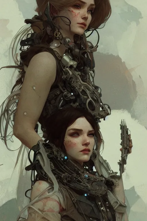 Image similar to A full portrait of a beautiful post apocalyptic offworld machinist, intricate, elegant, highly detailed, digital painting, artstation, concept art, smooth, sharp focus, illustration, art by Krenz Cushart and Artem Demura and alphonse mucha