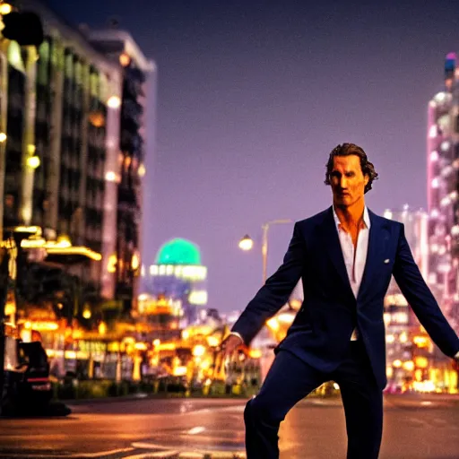 Image similar to a still of matthew mcconaughey . He's looking at the camera. HD. Shallow depth of field. City at night in background, lights, colors ,studio lighting, mood, 4K. Profession photography