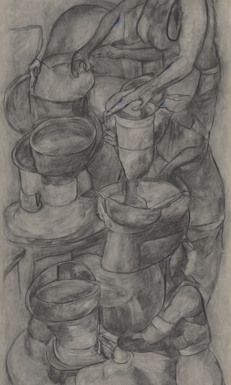 Image similar to abstract charcoal drawing of a woman at a pottery wheel making vases