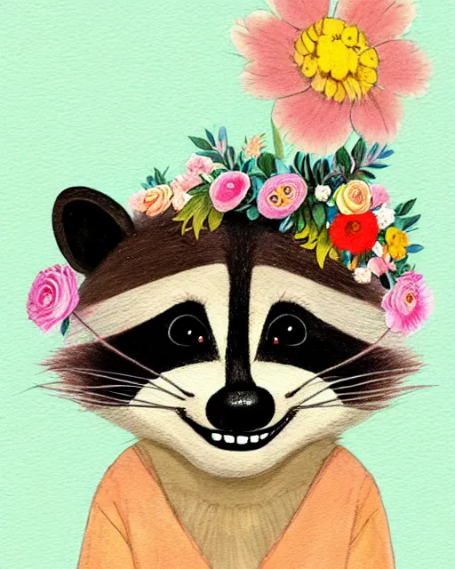 Image similar to a watecolor painting of a smiling happy cute raccoon wearing a flower crown, by antoine de saint - exupery and annabel kidston and naomi okubo and jean - baptiste monge. a child storybook illustration, muted colors, soft colors, low saturation, fine lines, white paper