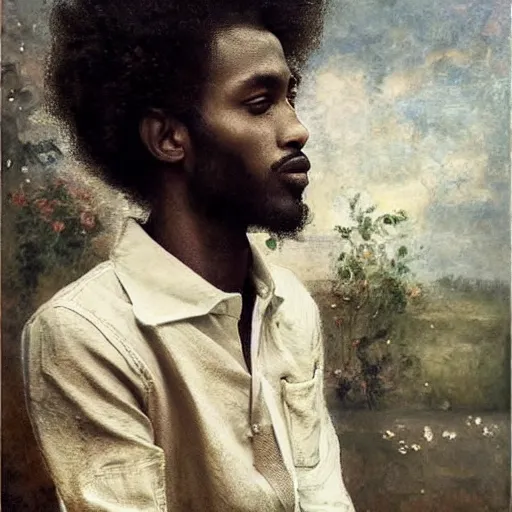 Image similar to east african man with curly hair, philosophical, contemplative, vintage, by jose miguel, francois fressinier, giovanni battista, jose miguel, beautiful, dreamy