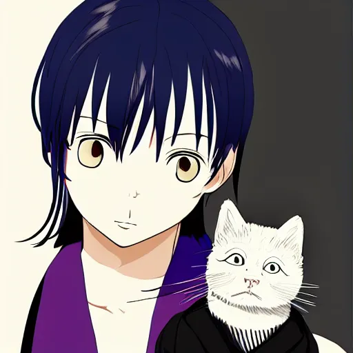 Image similar to yato from noragami with a cute cat, profile picture, vintage fashion, highly detailed, reflection, 8 k, realistic artwork, hd, inspired by noragami, 9 0 s anime art style, elegant,