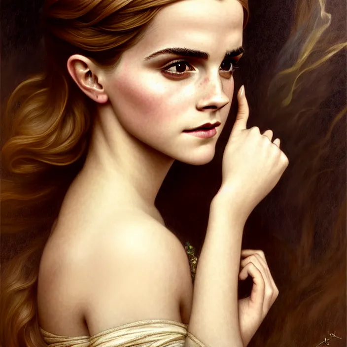 Prompt: ancient queen elegant naive emma watson, symetrical, diffuse lighting, fantasy, intricate, elegant, highly detailed, lifelike, photorealistic, digital painting, artstation, illustration, concept art, 4 k, smooth, sharp focus, art by john collier and albert aublet and krenz cushart and artem demura and alphonse mucha