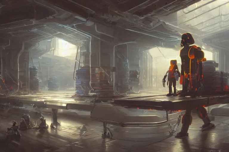 Prompt: Movie Still Upclose of a Droid worker wearing a neon triped vest and a white visor while moving boxes on a conveyor belt by Greg Rutkowski. Depressing scene by Thomas Kinkade.